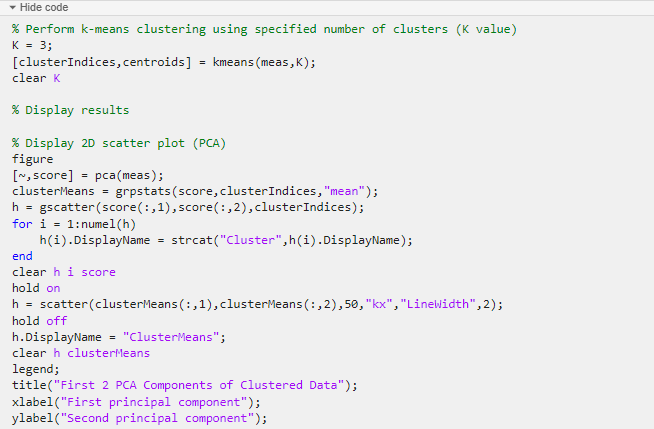 为群集数据任务生成代码。代码使用kmeans函数对数据进行聚类，使用scatter函数显示结果。