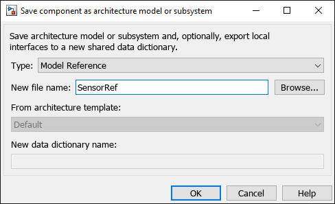 将组件保存为架构模型对话框，新模型名称为SensorRef，选项为浏览、确定、取消或帮助。