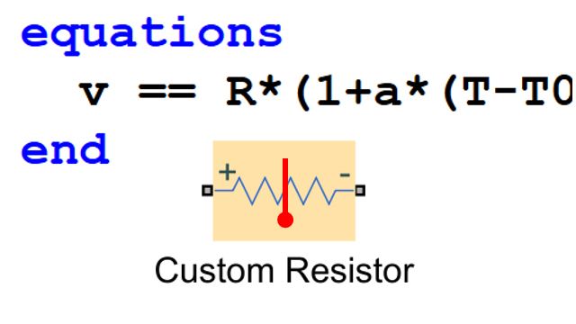建模自定义电子元件。Simscape扩展到MATLAB被用来定义一个温度相关的电阻。