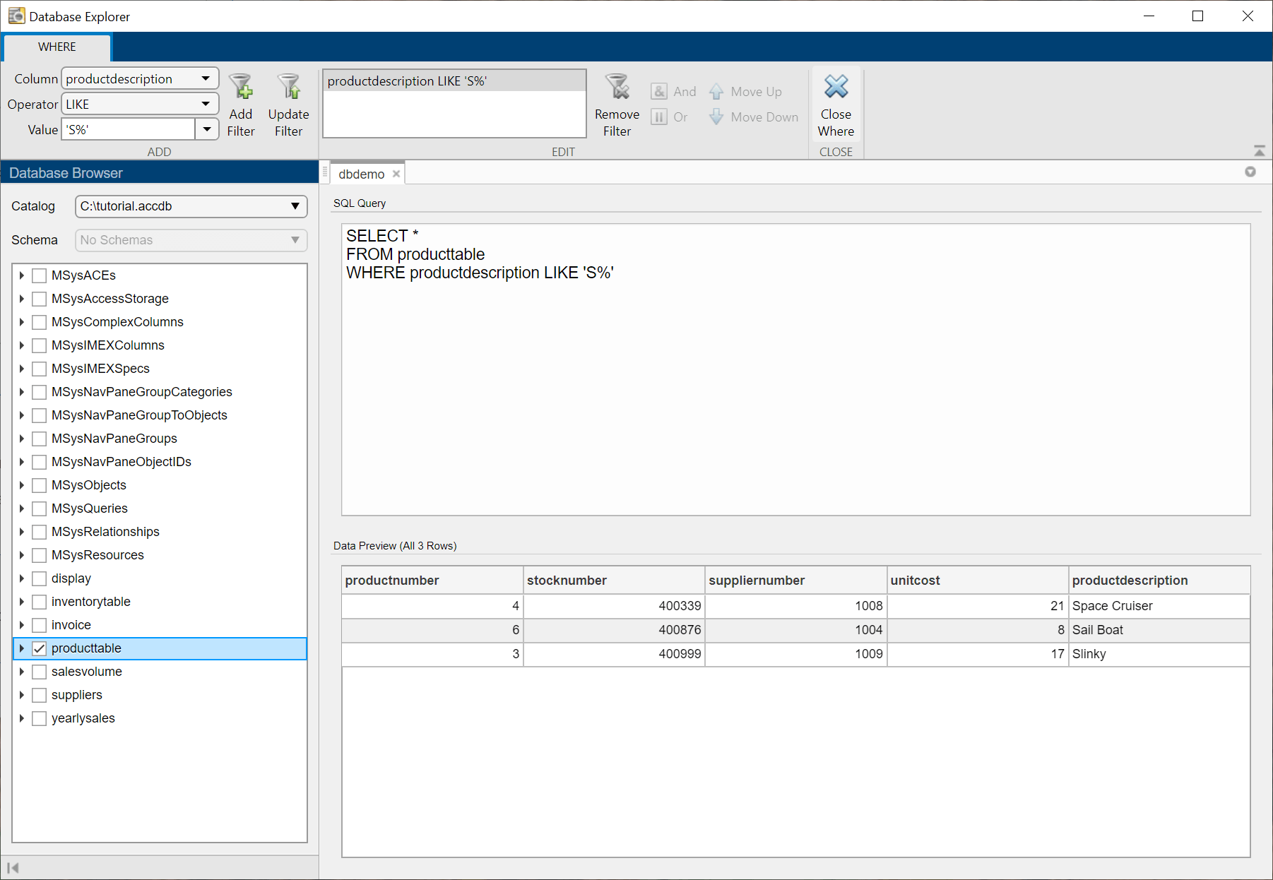 数据库浏览器窗格显示了数据库资源管理器应用程序中选中的表productTable。SQL查询窗格显示了SQL SELECT语句来选择表中产品描述列以s开头的所有数据。数据预览窗格显示了返回的三行数据。