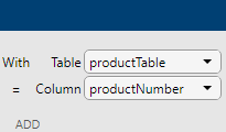 Join选项卡的右侧显示表productTable(用于表选择)和productNumber列(用于列选择)。