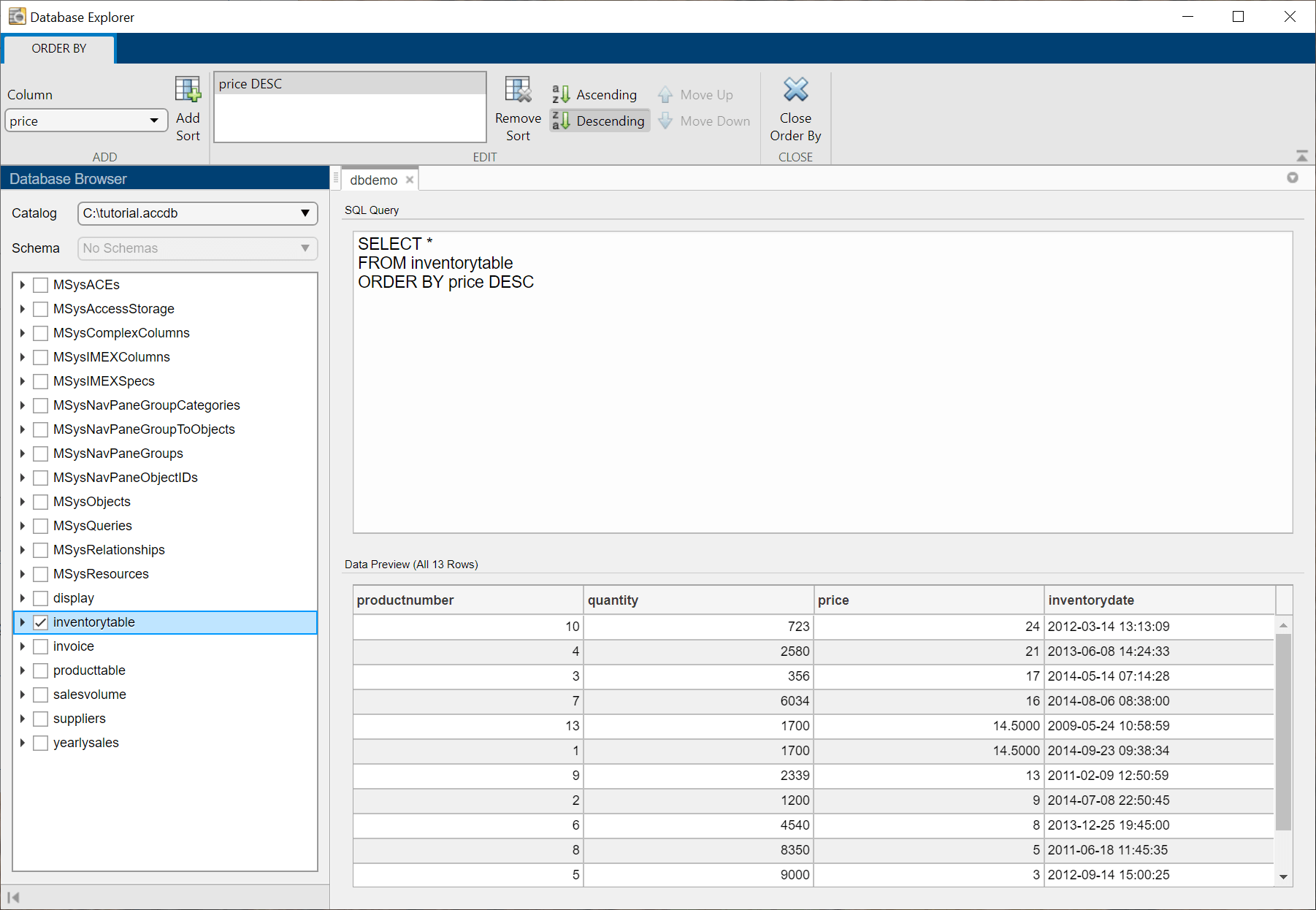 数据库浏览器窗格显示了数据库资源管理器应用程序中选中的表inventoryTable。SQL查询窗格显示了SQL SELECT语句，以选择表中的所有数据，并按价格列降序排列数据。“数据预览”窗格显示按价格列排序的表中所有13行的所有数据。