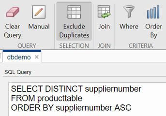 SQL Query窗格显示SQL SELECT语句以升序从表中选择suppliernumber列。该查询包含SQL DISTINCT语句。