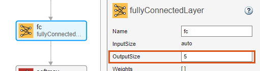 在深度网络设计器中选择完全连接层。属性窗格显示OutputSize设置为9。