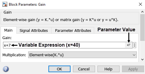 变量x的值是40。在增益块的“块参数”对话框中，输入增益值的文本框左内边缘为表达式“x+7”，右边缘为数字“47”。