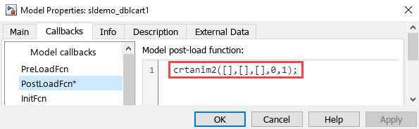 该图像显示了sldemo_dblcart1的模型属性对话框，并打开了Callbacks选项卡。在左侧窗格的树中，PostLoadFcn*被选中。右窗格显示命令crtanim2([]，[]，[]，0,1);。