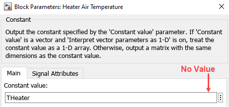 该图显示了“加热器空气温度”块的块参数对话框的上半部分。有一个文本框，上面有一个标签“Constant value”。文本框左侧显示THeater参数的名称，但不显示该参数的值。