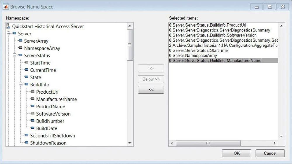 浏览器del namespace OPC UA che mostra la selezione di un insime di nodi OPC UA da tutti i nodi disponibili sul服务器。