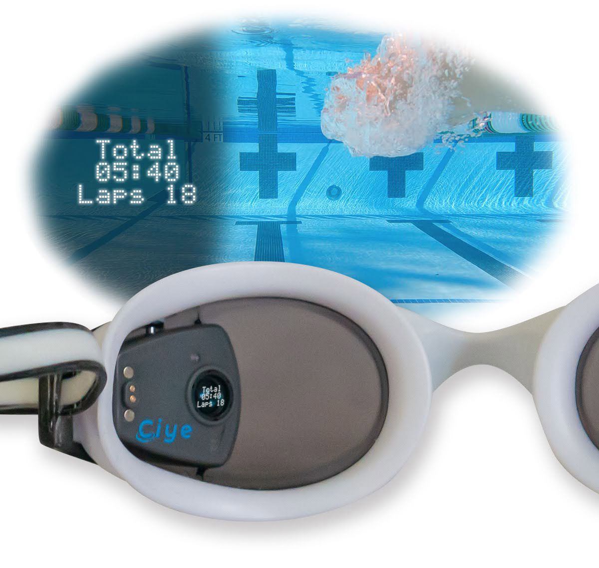 智能护目镜的左镜头特写，显示小Ciye模块。一个覆盖层显示了游泳者戴着护目镜时看到的东西，泳圈显示在游泳者的左侧视图中。