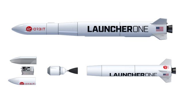 维珍轨道公司(Virgin Orbit)的发射一号(LauncherOne)组装(上)，爆炸视图显示整流罩、有效载荷和第一级和第二级(下)。
