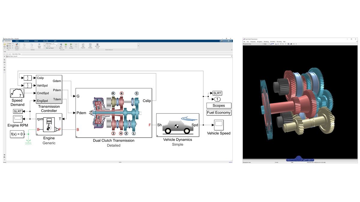 在Simscape Driveline中建模的双离合变速箱动力学的3D动画