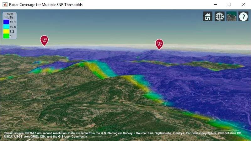 基于地形的地图显示两个雷达系统的联合目标覆盖区域。