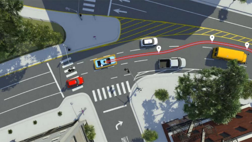 RoadRunner场景示例中的车辆通过复杂的交叉路口。