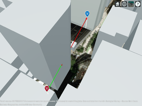 从发射点到接收点的视线路径受阻。从发射机到大楼的路径是绿色的，从大楼到接收器的路径是红色的。