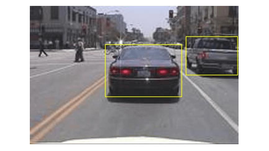 YOLO v2对象检测网络的两辆车行驶在双黄线街道和行人在人行横道。