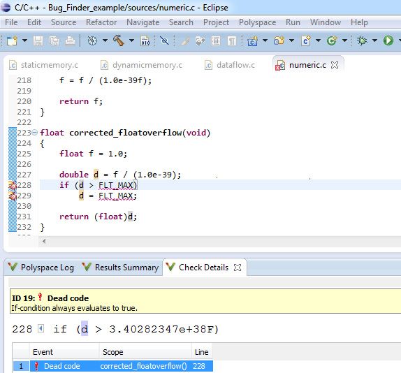 在Eclipse IDE中使用Polyspace Bug Finder在编译时识别死代码。