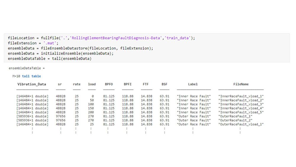 MATLAB代码，展示了如何从存储在本地的一组振动数据文件创建fileEnsembleDatastore。输出显示了表示为高表的集合。