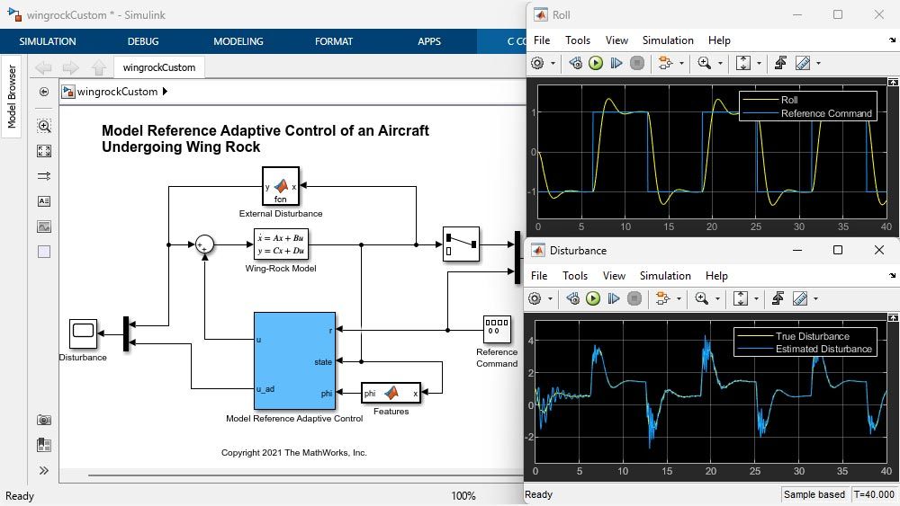 Simulink模型和图显示模型参考自适应控制跟踪引航员滚转命令。