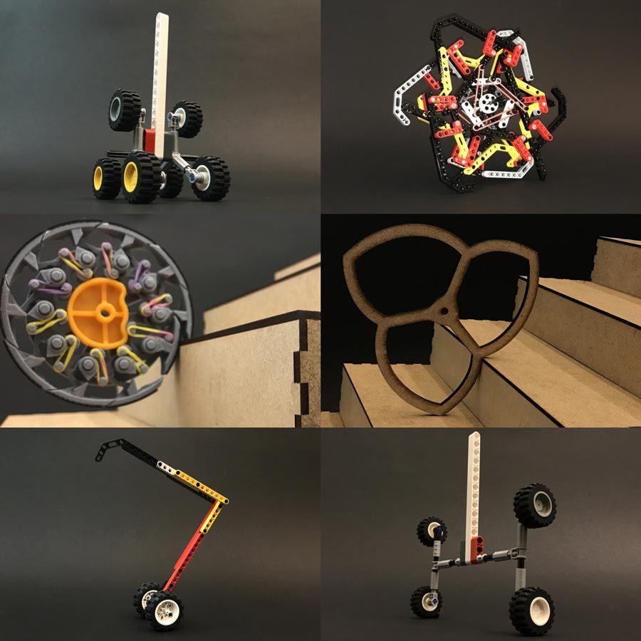 六个可以爬楼梯的机器人早期物理概念，展示了用纸板或乐高积木建造的轮子和腿的模型。
